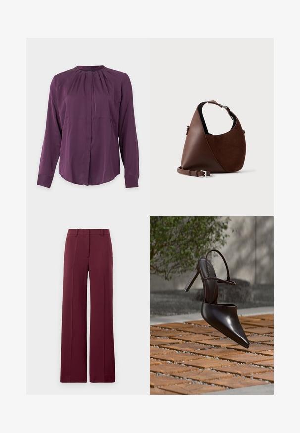 Lange mouw paarse blouse met een ronde halslijn, geplooide details bij de kraag en verborgen knopen aan de voorkant.; Bordeaux wijde pijpen broek gemaakt van een gladde stof, met een rechte voorkant, riemlussen en een op maat gemaakte uitstraling met geplooide details.; Glanzende zwarte hoge hak mule met spitse neus en enkelriem, zwevend boven een oppervlak met terracottategels en grindvoegen.; Bruine leren en suède schoudertas met een gebogen vorm, verstelbare schouderband en zilveren gesp detail op een effen lichte achtergrond.