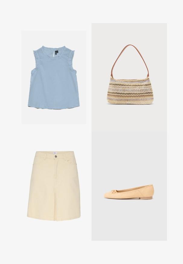 Lyseblå ærmeløs bluse med flæsekant langs halsudskæring og ærmegab, med tekstur i en diskret prikmønster og lille nøglehulslukning bagpå.; Lys beige denimnederdel med slids foran, standard talje og klassisk fem-lommer design. Glat tekstur og minimalistisk stil.; Beige balletflade med tekstureret stof, rund tå, dekorativ sløjfe detaljer og en lav trækheel. Simpelt og klassisk design.; Lille vævet håndtaske med beige, brune og lyseblå striber og en enkelt brun skulderrem mod en ensfarvet baggrund.