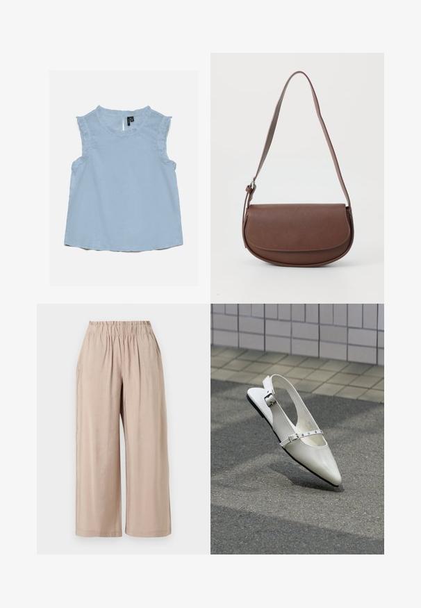 Blouse sans manches bleu clair avec bordure à volants le long de l'encolure et des emmanchures, présentant une texture subtilement ponctuée et une petite ouverture en goutte d'eau au dos.; Pantalon beige à coupe ample avec une taille élastique, fabriqué en tissu léger, présenté sur un fond blanc.; Chaussure plate slingback blanche pointue avec deux boucles argentées, présentée en extérieur sur un sol texturé et un mur carrelé en arrière-plan.; Sac à épaule en cuir marron avec une forme courbée, une seule sangle et une fermeture à rabat. Texture lisse avec un discret détail de couture.
