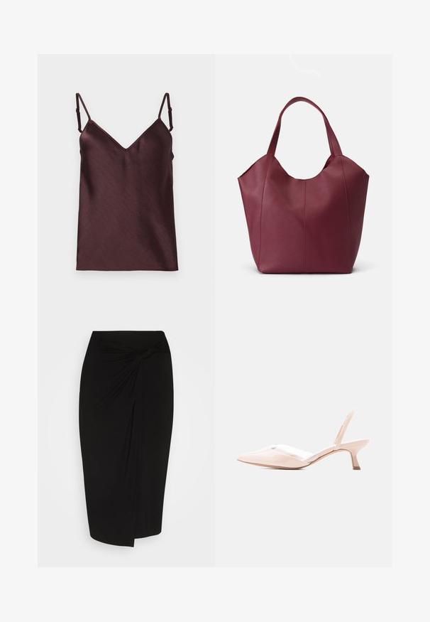 Mørkebrun satin camisole-top med justerbare spaghetti-stropper og en V-hals på en hvid baggrund.; Sort knælang nederdel i et blødt, strækbart stof, med en snoet knude detalje i taljen og en slank, tætsiddende silhuet.; Nude laklæder slingback kitten heel med spids tå og lavt buet hæl på en ensfarvet lys baggrund.; Bordeaux læder tote taske med to robuste håndtag, der har en glat tekstur og en konisk design med sømdetaljer foran.