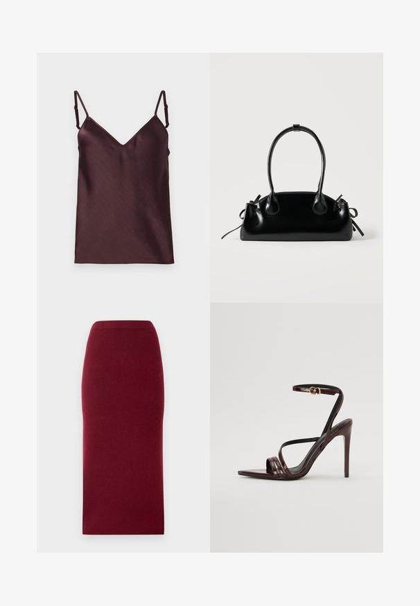 Mørkebrun satin camisole-top med justerbare spaghetti-stropper og en V-hals på en hvid baggrund.; Bordeaux strik midi-nederdel med en tætsiddende silhuet, glat tekstur og en talje. Ingen synlige sømme eller mønstre. Ensfarvet hele vejen igennem.; Bordeaux laker læder højhælede sandal med ankelrem, spids tå og tre vandrette remme over foden. Detalje med spænde i guldtonet.; Lille sort blank håndtaske med to lange håndtag og snøre-detaljer i siden på en ensfarvet lys baggrund.