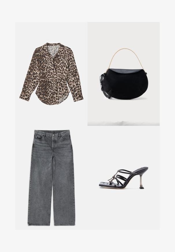 Camisa de estampado de leopardo en tonos beige y marrón, hecha de una tela ligera. Presenta cuello tipo camisa, cierre de botones en la parte delantera y mangas largas.; Jeans de pierna ancha en denim gris oscuro. Presentan una cintura alta, diseño de cinco bolsillos y cierre delantero de botón. Textura suave con un sutil desgastado.; Sandalia negra de tacón alto con tiras, punta cuadrada y tacón de aguja delgado, con tiras superpuestas y un detalle anudado en la parte superior.; Bolso negro en forma de media luna con solapa de cuero suave, asa de cadena dorada y correa ajustable de cuero negro sobre fondo blanco.