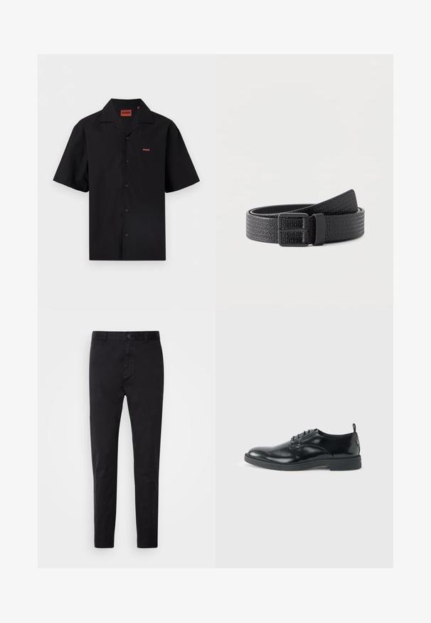 Camisa negra de manga corta con botones y cuello de estilo campestre, con pequeño logo rojo "HUGO" en el pecho izquierdo y dentro del cuello.; Chinos negros con una textura suave, cierre de botón y diseño ajustado. Ideales para un look casual o semi-formal.; Zapato de vestir negro de cuero brillante con tacón bajo, cierre de cordones y puntera redonda, mostrado de lado sobre un fondo claro y liso.; Cinturón de cuero negro con patrón de texto en relieve "HUGO" y hebilla negra mate, mostrado enrollado sobre un fondo blanco.