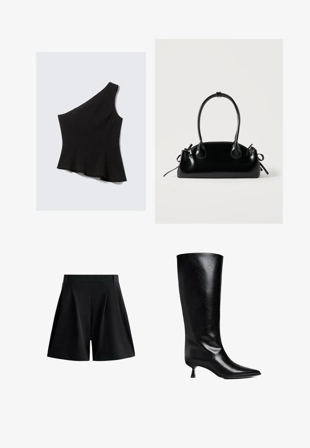 Haut noir à une épaule avec un corsage ajusté qui s'évase à la taille, fabriqué en tissu lisse et extensible sans motifs visibles.; Shorts noirs taille haute ajustés avec passants de ceinture et plis, caractérisés par une coupe à jambes larges et un ourlet simple.; Boot en cuir noir, montant jusqu'au genou, avec un bout pointu, une silhouette élancée et un talon carré bas, le tout avec une finition brillante.; Petit sac à main noir brillant avec deux longues anses et des détails à cordon sur les côtés sur un fond clair uni.