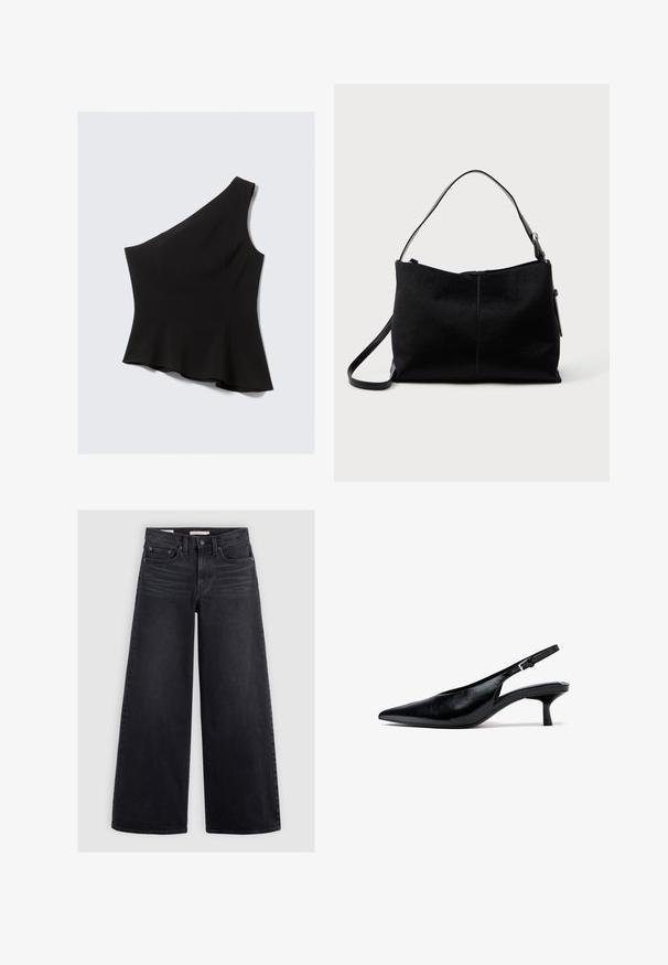 Haut noir à une épaule avec un corsage ajusté qui s'évase à la taille, fabriqué en tissu lisse et extensible sans motifs visibles.; Jean noir à jambe large en denim, avec une taille haute, un design à cinq poches et un léger délavage sur le devant.; Escarpin slingback en cuir noir à talon kitten, avec bout pointu et bride réglable avec boucle, sur fond blanc.; Sac à bandoulière noir avec une surface lisse et texturée, doté d'une seule sangle et d'une fermeture éclair en haut. Forme rectangulaire compacte.