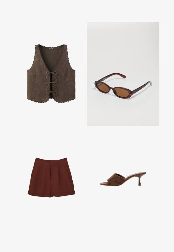 Brun ærmeløs croppet top med takkede kanter og tre bundne sløjfer foran, lavet af tekstureret stof.; Bordeaux shorts lavet af et glat stof, med et klassisk design med flad front, sidelommer og optrukket kant.; Brun ruskind åben tå mule med mellemhøj, buet træsko hæl og slip-on design på en hvid baggrund.; Runde, bruntonede solbriller med en glansfuld bordeauxramme. Slanke arme med diskret brandingdetalje. Flad linsedesign.