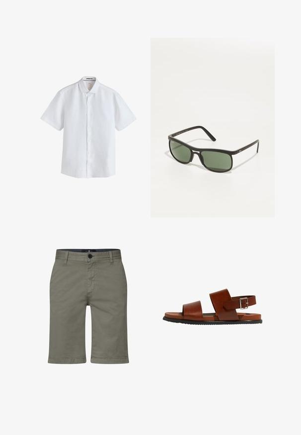 Hvid kortærmet skjorte med knapper og klassisk krave, lavet af letvægtsstof, vist på en ensartet hvid baggrund.; Khaki shorts lavet af en blød bomuldsblanding, med lynlås og knaplukning samt forlommer. Lige ben-design, knælængde pasform.; Brune lædersandaler med to brede stropper og en justerbar ankelspænde. Har en flad sål og en struktureret sort gummisål.; Sorte solbriller med grønne tonede linser, rektangulær form, glatte plastikrammer og subtilt logo-detalje på stængerne.