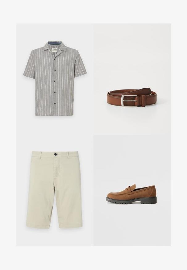 Kortærmet skjorte i lysegrå med hvide lodrette striber. Har en knapfront og en klassisk krave. Lavet af letvægtsstof.; Beige shorts lavet af let bomuldsblanding, med flad front, bæltesløjfer, knaplukning og knælang kant.; Brune Suede loafers med en rund tå og en lav sort gummisål, der har et dekorativt bånd og syninger på overdelen.; Brun læderbælte med en glat overflade, præget af en sølvfarvet metalspænde og diskret syning langs kanterne. Klassisk og holdbart design.