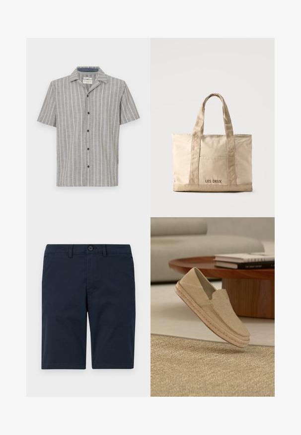 Camisa de manga corta en gris claro con rayas verticales blancas. Presenta un frente abotonado y un cuello clásico. Está hecha de una tela ligera.; Pantalones cortos azul marino hechos de una mezcla de algodón, con cierre de botón, trabillas para cinturón y dobladillo recto con un detalle mínimo.; Zapato beige tejido tipo mocasín con suela trenzada flotando sobre una alfombra texturizada, mesa redonda de madera y libros apilados en una habitación de tonos neutros.; Bolsa tote de lona beige con dos asas y bolsillo delantero, "LES DEUX" bordado en el bolsillo.