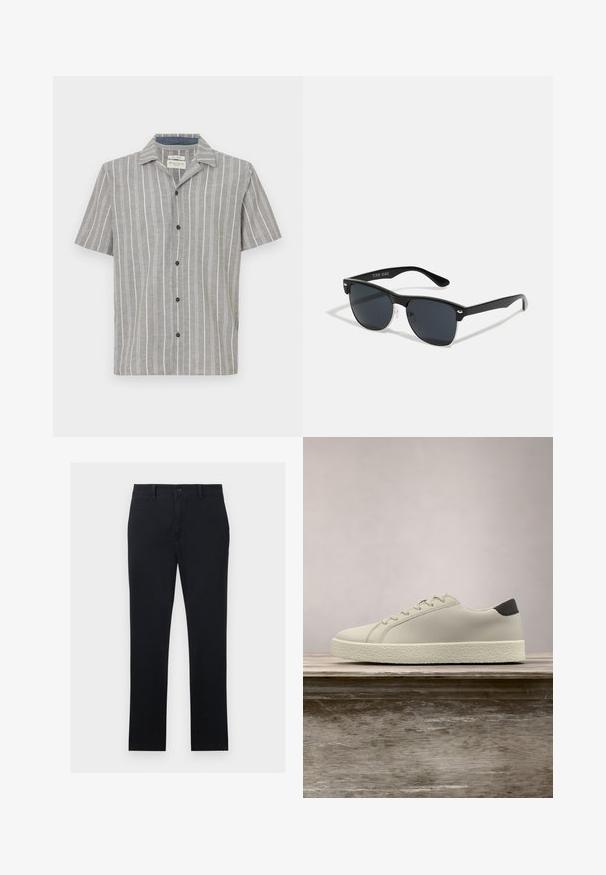 Camisa de manga corta en gris claro con rayas verticales blancas. Presenta un frente abotonado y un cuello clásico. Está hecha de una tela ligera.; Chinos negros fabricados en tela de algodón, con piernas rectas, cierre de botón frontal y dos bolsillos laterales. Textura suave, con un diseño minimalista.; Zapatilla blanca con suela texturizada y detalle negro en el talón, flotando sobre un banco de madera con hierba alta y verde de fondo.; Gafas de sol negras con forma rectangular, lentes oscuros, detalles plateados en las patillas y un acabado mate en la montura.