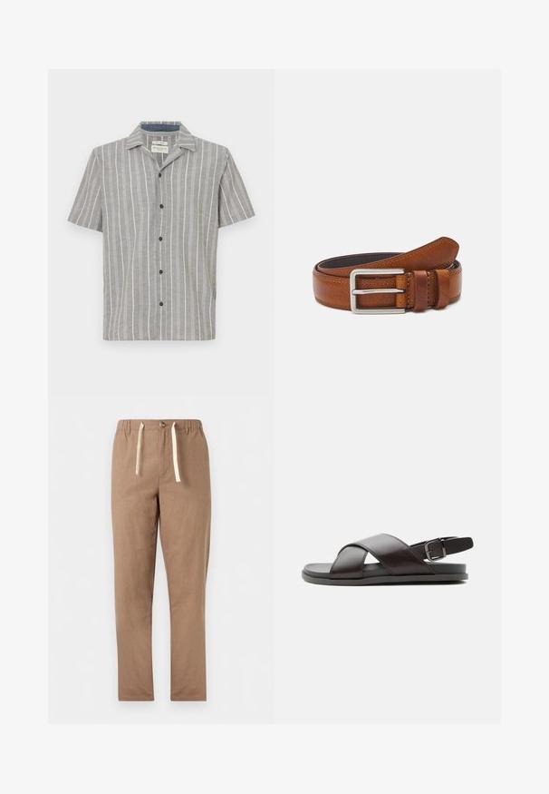 Chemise à manches courtes de couleur gris clair avec des rayures verticales blanches. Dispose d'un devant boutoné et d'un col classique. Fabriquée en tissu léger.; Pantalon marron clair à coupe droite avec taille élastique, fermeture par bouton et cordons blancs.; Sandale en cuir marron foncé homme avec brides croisées et bride de talon réglable avec boucle sur semelle plate, vue de profil.; Ceinture en cuir marron avec une texture lisse, boucle en métal argenté, bords cousus et un détail en boucle, présentant une extrémité effilée.
