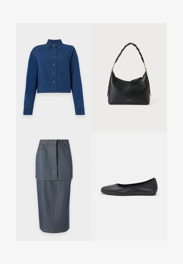 CLOSED CROPPED CLASSIC SHIRT - Chemisier - dark blue; Jupe en denim de couleur bleu foncé, dotée de poches avant, d'une taille cintrée et d'une coupe au niveau des genoux, rehaussée de surpiqûres contrastées.; Ballerines en cuir noir avec un bout rond, texture lisse, détails de couture minimalistes et design de semelle flexible.; Sac à main en cuir noir avec une poignée tressée, des finitions dorées et le nom de la marque "Vanessa Bruno" en doré près de la base, présenté sur fond blanc.