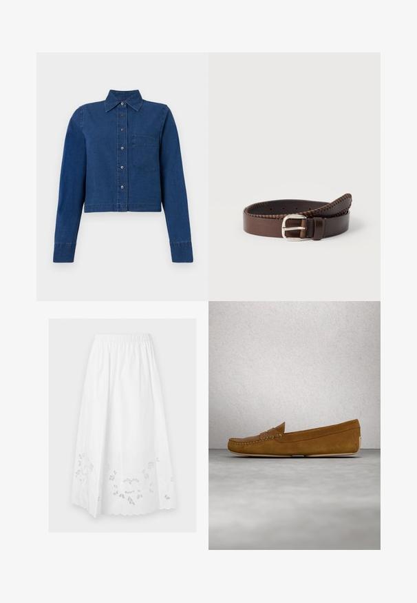 CLOSED CROPPED CLASSIC SHIRT - Chemisier - dark blue; Jupe midi blanche avec taille élastique et broderie florale à œillets le long de l'ourlet festonné.; Mocassins en cuir suédé marron avec un couturessé, semelle plate et bout rond. Design simple avec une petite bande décorative sur le devant.; Ceinture en cuir marron avec une texture lisse, des coutures contrastées le long des bords et une boucle en métal argenté.