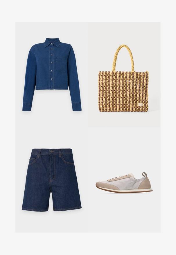 CLOSED CROPPED CLASSIC SHIRT - Chemisier - dark blue; Shorts en denim bleu foncé avec un design classique à cinq poches, surpiqûres orange visibles et fermeture à bouton au niveau de la taille.; Baskets beige clair avec lacets blancs, accents en daim au bout et au talon, côtés en tissu doux, et semelle fine en caoutchouc couleur tabac, vue de côté.; Sac tissé marron et jaune, de forme rectangulaire, avec deux poignées, et une finition texturée avec des coutures visibles et une étiquette de marque.