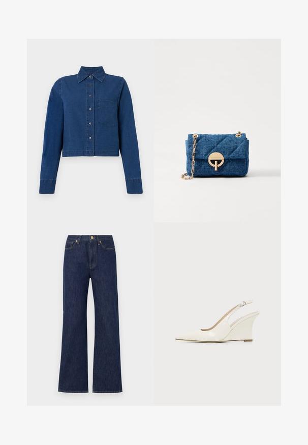 CLOSED CROPPED CLASSIC SHIRT - Skjortebluser - dark blue; Mørkeblå vidde jeans lavet af denim. Har en knaplukning, forlommer og kontrasterende syninger. Ren, klassisk design.; Hvid patentlæder kilehælssandalette med spids tå og justerbar spænde rem på ensfarvet baggrund.; Vanessa Bruno MOON - Håndtasker - indigo