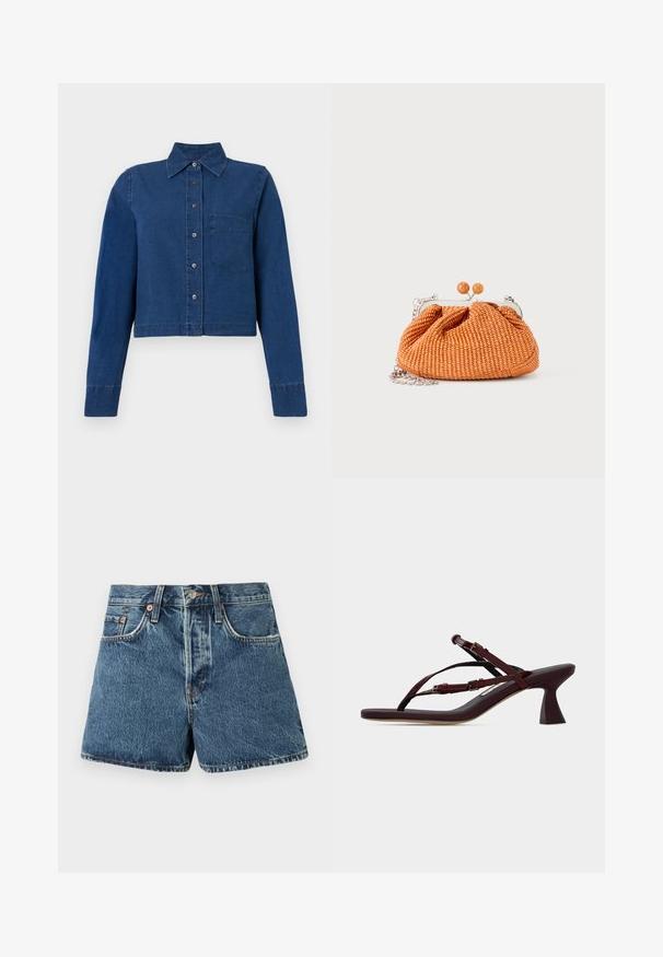 CLOSED CROPPED CLASSIC SHIRT - Skjortebluser - dark blue; Denimshorts i mellemblå med høj talje, fem lommer, kontrasterende syninger og lukning med metalknap. Struktureret stof med en let falming.; Mørkerød sandal med hæl, stropper og justerbare spænder samt en udvidet mellemhøj hæl på en flad overflade.; Lille orange flettet clutch-pung med sølvmetalramme, rund lukning og en sølvkæde-rem på en hvid baggrund.