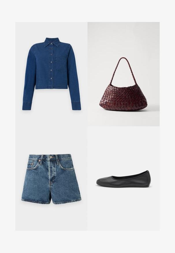 CLOSED CROPPED CLASSIC SHIRT - Overhemdblouse - dark blue; Denim shorts in medium blue met een hoge taille, vijf zakken, contrasterende stiksels en een metalen knoopsluiting. Textuurstof met een lichte vervaging.; Zwarte leren ballerina met een ronde neus, gladde textuur, minimale stikdetails en een flexibele zoolontwerp.; DRAGON DIFFUSION ROSANNA - Handtas - bruciato