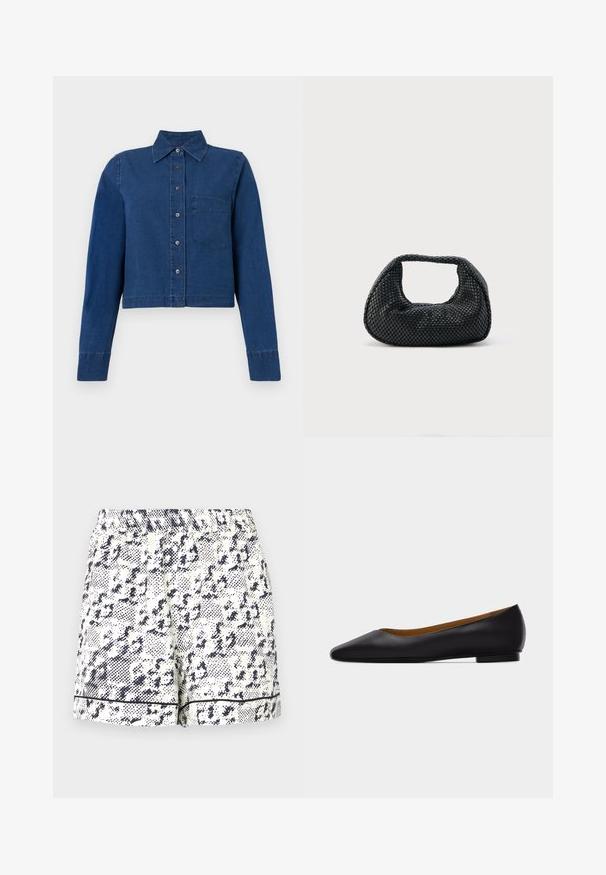CLOSED CROPPED CLASSIC SHIRT - Nööpidega pluus - dark blue; Valged lühikesed püksid musta abstraktse mustriga, elastse vöökoht ning tahke must äär. Valmistatud kergetest kangast.; Mustast nahast terava ninaga madala kontsaga tasasel tallal king, nähtud küljelt helehallil taustal.; Mustast punutud hobukott pehme struktuuri ja integreeritud sangaga, esitatud lihtsal heledal taustal.