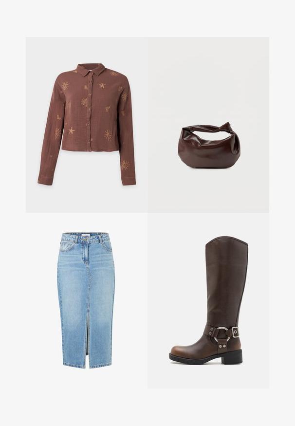 Bruine lange mouwen blouse met knopen en kraag, versierd met lichte zon-, zeester- en hartpatronen.; Lichtblauwe denimrok met een rechte snit, voorkeursplit, riemlussen en een bovenste knoopsluiting. Bevat klassieke stiksels en zakken.; Bruine leren kniehoge laars met een rond metalen hardwareaccent en gesp. Licht gestructureerd bovenwerk, gestapelde hak en rond neusontwerp.; Donkerbruine leren schoudertas met een zachte, slungelige vorm en een gedraaide knoopvormige handgreep op een effen witte achtergrond.