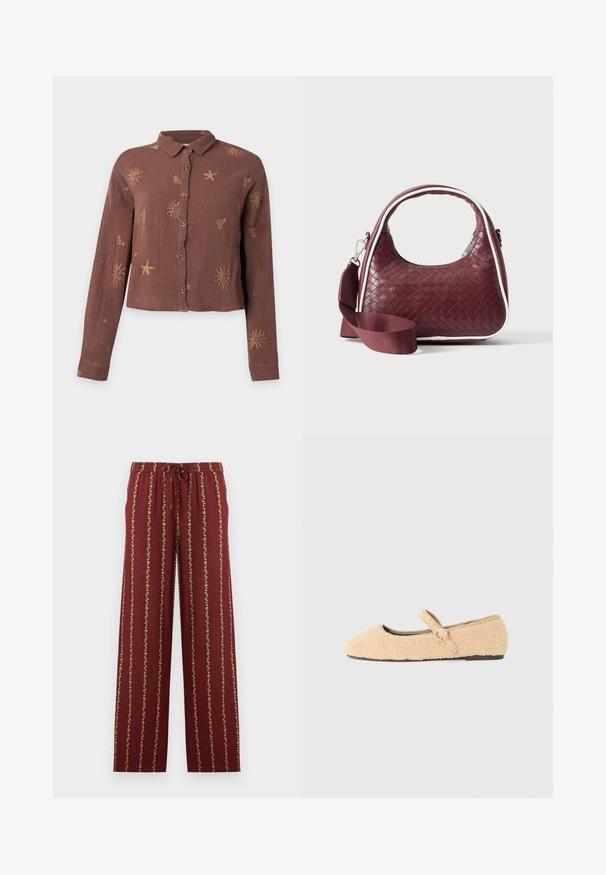 Chemise marron à manches longues avec col et boutons, décorée de motifs clairs de soleil, d’étoiles de mer et de cœur.; Pantalon bordeaux à cordon de serrage avec rayures florales jaunes verticales, taille élastique et coupe droite sur fond blanc.; Chaussure plate Mary Jane en beige peluche avec bout arrondi, sangle réglable avec boucle circulaire et semelle noire sur fond blanc.; Sac à main en cuir tressé marron foncé avec poignée courbée, garniture blanche, fermeture éclair argentée et bandoulière large en tissu amovible sur fond uni.