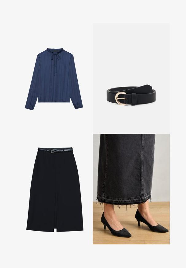 Blouse bleu marine à manches longues, avec un col froncé et un nœud sur le devant. Confectionnée dans un tissu lisse et texturé avec une coupe décontractée.; Jupe noire à mi-cuisse avec une fente frontale, fabriquée en tissu lisse. Comprend une fine ceinture noire avec une boucle en argent et des passants.; Escarpins en suede noirs avec un bout pointu et un talon de 3 pouces, associés à une longue jupe en denim foncé présentant des détails d'ourlet effilochés.; Ceinture en cuir noir avec une boucle en métal doré, texture plate et un seul support ; présente une finition lisse et un design minimaliste.