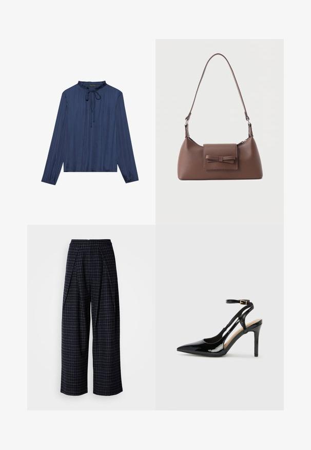 Blusa azul marino con mangas largas, cuello fruncido y detalle de lazo en la parte frontal. Confeccionada en tela suave y texturizada, con un ajuste relajado.; Los pantalones de cuadros oscuros de pierna ancha cuentan con una cinturilla alta y un diseño plisado en la parte delantera, confeccionados en una tela texturizada con un corte recto.; Zapato de charol negro de tacón alto, tipo slingback, con punta afilada, correa ajustable en el tobillo y lados abiertos. Textura lisa.; Bolso bandolera de cuero marrón con un bolsillo frontal de solapa que presenta un detalle de moño cosido y una correa ajustable.