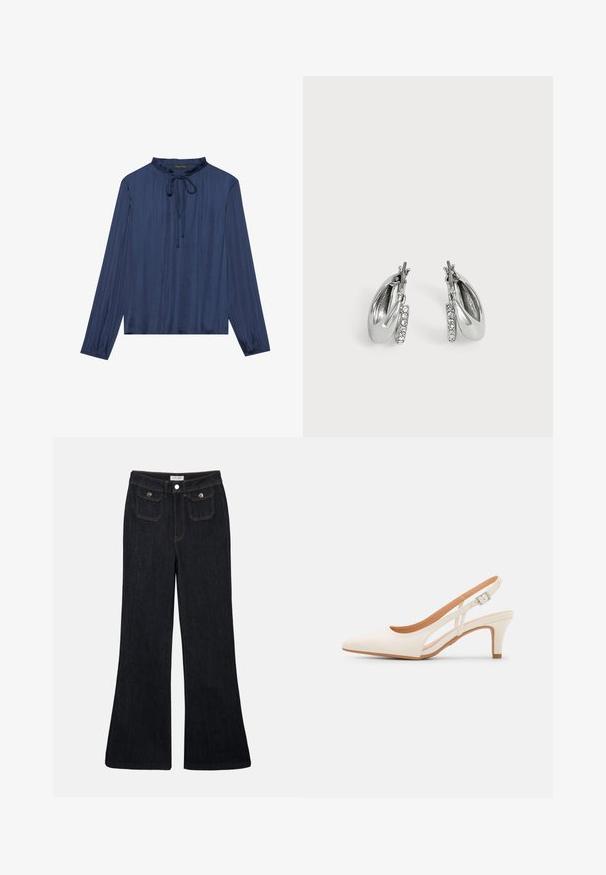 Marineblå bluse med lange ærmer, en rynket krave og bindedetalje foran. Fremstillet af glat, struktureret stof med en afslappet pasform.; Sorte denim jeans med høj talje, flared ben, to frontlommer og orange syninger. Materialet ser solidt og glat ud.; Hvide slingback hæle med spids tå, glat overmateriale, lav blokhæl og sideudskæringsdesign med justerbar spænderem.; Et par sølv creoler med en lille række klare rhinsten foran, vist på en ensartet lys grå baggrund.