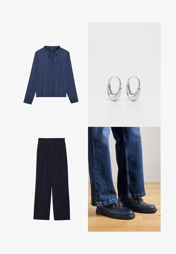 Blusa azul marino con mangas largas, cuello fruncido y detalle de lazo en la parte frontal. Confeccionada en tela suave y texturizada, con un ajuste relajado.; Pantalones de pierna ancha en azul marino con una textura suave, cintura elástica, un pliegue frontal y un cierre de botón en la cintura.; Zapatos de cuero azul marino con suela gruesa y detalle de cadena en la parte superior, combinados con unos vaqueros de mezclilla oscura de corte holgado.; Pendientes de aro de plata con forma curva de lágrima y acabado pulido. Presentan un cierre seguro y una textura suave.