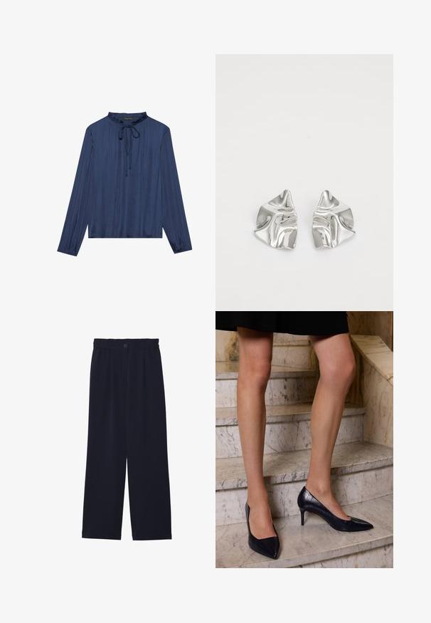 Marineblauwe blouse met lange mouwen, een geplooide kraag en een strikdetail aan de voorkant. Gemaakt van een gladde, gestructureerde stof met een ontspannen pasvorm.; Marineblauwe wijde broek met een gladde textuur, elastische tailleband, enkele plooien aan de voorkant en een knoopsluiting in de taille.; Navyblauwe hoge hakken met een spitse neus, met een gladde en gestructureerde afwerking die lijkt op krokodillenleer.; Zilveren metalen oorbellen met een golvend, sculpturaal ontwerp, voorzien van een gepolijste afwerking en onregelmatige vormen, die een hedendaagse esthetiek benadrukken.