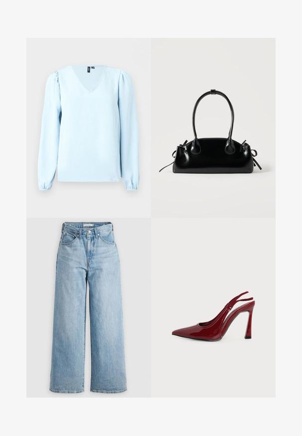Lichtblauwe blouse met lange mouwen, V-hals en licht opgepofte schouders, getoond tegen een effen lichte achtergrond.; Lichtblauwe wijde spijkerbroek met hoge taille, gemaakt van denimstof. Voorzien van een klassieke vijf-pocketontwerp en metalen hardware.; Glanzend donkerrode dameshooghakken slingback schoen met spitse neus en dunne, gebogen hak op witte achtergrond.; Kleine zwarte glanzende handtas met twee lange hengsels en zijkant trekkoord details op een effen lichte achtergrond.