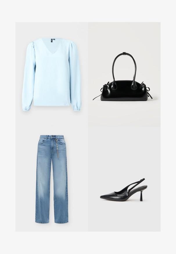 Blouse bleu clair à manches longues avec col en V et épaules légèrement bouffantes, présentée sur un fond unicolore clair.; Jean bleu clair à jambes larges avec bouton et fermeture éclair à l'avant, poches avant, et chaîne décorative à perles suspendue à une boucle de ceinture.; Chaussure à talon haut en cuir noir, à bride arrière, avec un bout pointu et un talon fin sur fond blanc.; Petit sac à main noir brillant avec deux longues anses et des détails à cordon sur les côtés sur un fond clair uni.