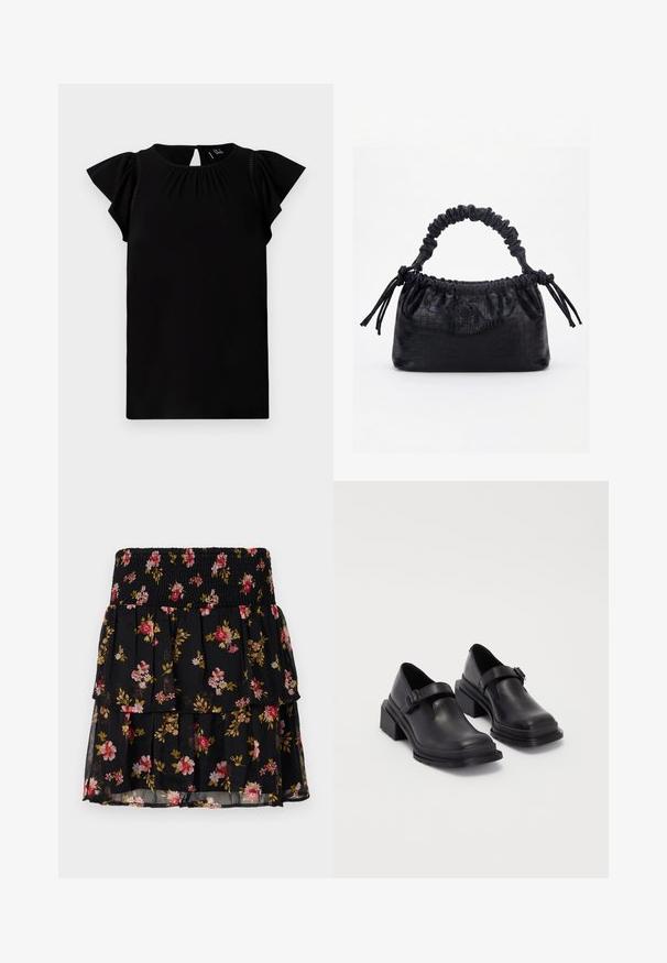 Zwarte kortek mavloeden top gemaakt van zachte stof, met een ronde halslijn, geplooide details en vlinder sleeves met uitsnede aan de achterkant.; Zwarte bloemenrok met een smock band. Bevat gelaagde ruffles en een bloemenpatroon in roze en goud op sheer stof.; Zwarte leren schoenen met een ronde neus, platte zool en een band met een gespdetail. Stevige blokhak voor extra stabiliteit.; Zwarte handtas met krokodillenstructuur, geplooide bovenrand, samengevoerde handgreep en koordtassels aan elke kant tegen een witte achtergrond.