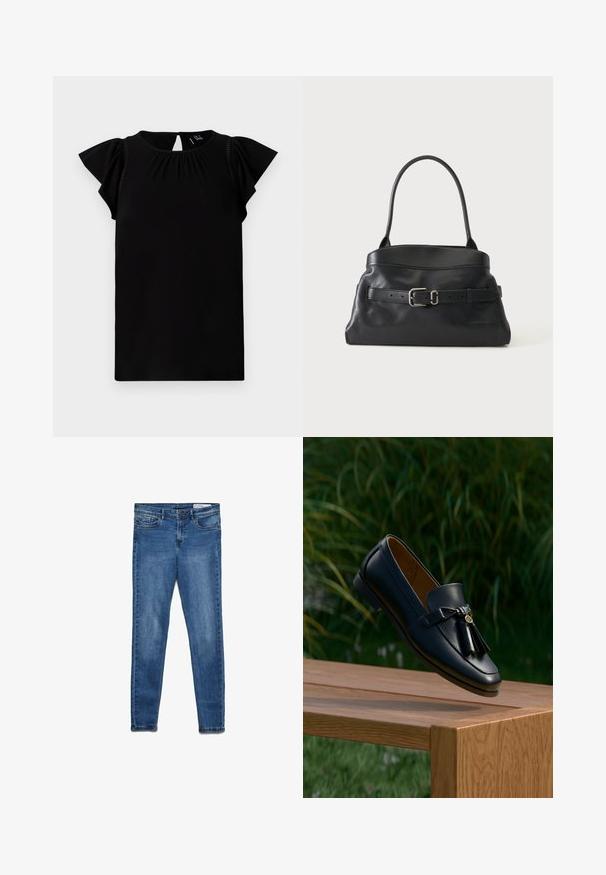 Top negro de manga corta confeccionado en tela suave, con un escote redondo, detalles plisados y mangas con vuelo con un corte en la parte posterior.; Vaqueros de mezclilla azul oscuro con un ajuste clásico skinny. Incluyen cinco bolsillos, cremallera y un sutil efecto de desgaste para dar textura.; Mocasín de cuero negro con borlas apoyado en el borde de una superficie de madera, follaje verde desenfocado en el fondo.; Bolso de cuero negro con una sola correa para el hombro y un cinturón decorativo con una hebilla plateada en la parte delantera.
