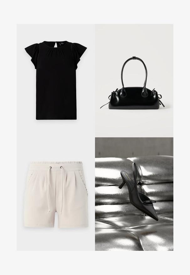 Haut noir à manches courtes fabriqué en tissu doux, avec un col rond, des détails plissés et des manches flottantes avec une découpe au dos.; Shorts beige clair avec une taille élastique, un cordon de serrage, des poches latérales et des volants le long des bords des poches. Texture de tissu douce.; Chaussure à talon noire à bout pointu et bride arrière, avec un petit nœud, reposant sur un revêtement en cuir argenté brillant matelassé.; Petit sac à main noir brillant avec deux longues anses et des détails à cordon sur les côtés sur un fond clair uni.