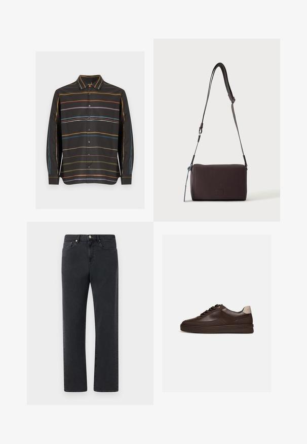 Sort skjorte med lange ærmer og knapper, med tynde vandrette striber i orange, lilla, blå og olivengrøn på forsiden og ærmerne.; Sorte denimjeans med et lige bendesign, fem lommer og metalhardware-accenter. Stoffet har en glat, let struktureret finish.; Lavprofileret mørkebrun læder sneaker med rillede sål og lyse beige hælkappe, set fra siden på hvid baggrund.; Mørkebrun textured læder crossbody taske med justerbar rem og lille dekorativ blå accent på siden.