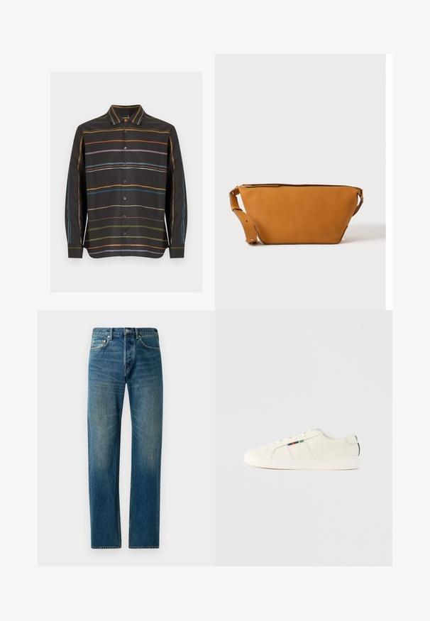 Schwarzes Langarmhemd mit Knöpfen und dünnen horizontalen Streifen in Orange, Lila, Blau und Olivgrün auf Vorderseite und Ärmeln.; Blaue Denim-Jeans im Straight-Leg-Design, ausgestattet mit einem Fünf-Taschen-Stil, dezenten Verwaschungen und kontrastierenden Nähten.; Hellbeige Sneaker mit glatter Textur, Schnürdesign und buntem gestreiftem Akzent an der Seite. Weiße Gummisohle. Schlichter Rücken.; Hellbraune Leder-Umhängetasche mit verstellbarem Schulterriemen und Reißverschluss, vor einem schlichten hellen Hintergrund gezeigt.