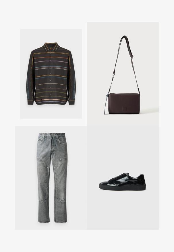 Chemise noire à manches longues et boutonnée, avec de fines rayures horizontales orange, violette, bleue et vert olive sur le devant et les manches.; Jean en denim gris à coupe droite, avec poches avant, coutures visibles et finition décolorée. Le matériau a une texture lisse.; Baskets en cuir verni noir avec un bout arrondi, un laçage, une semelle en caoutchouc texturé et une finition lisse.; Sac bandoulière en cuir marron foncé texturé avec une sangle réglable et un petit accent décoratif bleu sur le côté.