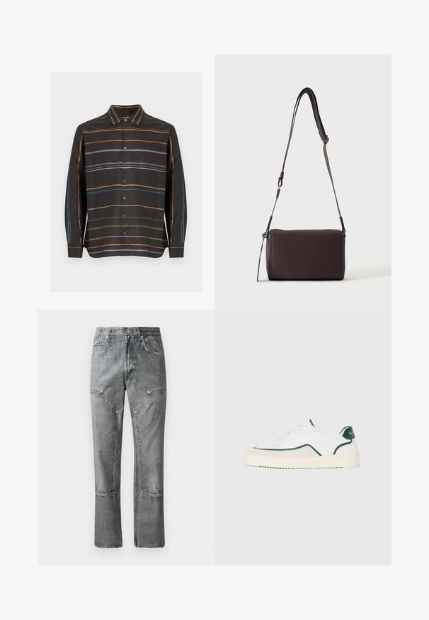 Sort skjorte med lange ærmer og knapper, med tynde vandrette striber i orange, lilla, blå og olivengrøn på forsiden og ærmerne.; Grå denimjeans med lige pasform, der har frontlommer, synlige sømme og en falmet finish. Materialet har en glat overflade.; Hvide lavtop sneakers med grønne detaljer, beige ruskind og en cremefarvet sål med en rilllet bund.; Mørkebrun textured læder crossbody taske med justerbar rem og lille dekorativ blå accent på siden.