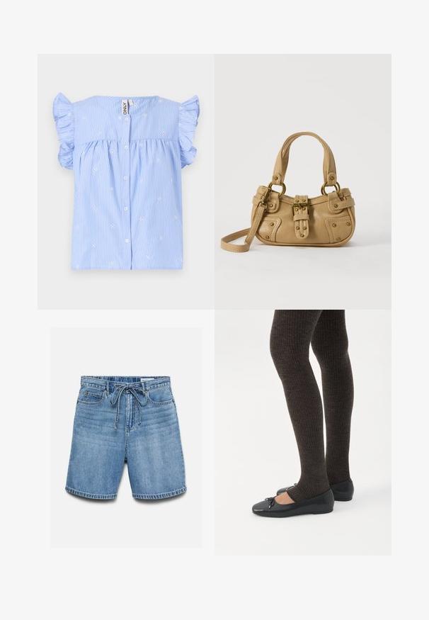 Blouse bleu clair à manches courtes avec des manches froncées, des rayures blanches horizontales et une petite broderie florale. Présente une fermeture à boutons sur le devant.; Short en denim bleu avec poches avant et passants pour ceinture, agrémenté d'un cordon noué à la taille et de plis horizontaux délavés.; Jambes portant des leggings côtelés foncés associés à des ballerines noires avec de petits détails en nœud sur fond blanc.; Sac à main en cuir beige avec double poignées, boucle en laiton et détails rivetés, ainsi qu'une bandoulière réglable sur fond blanc.
