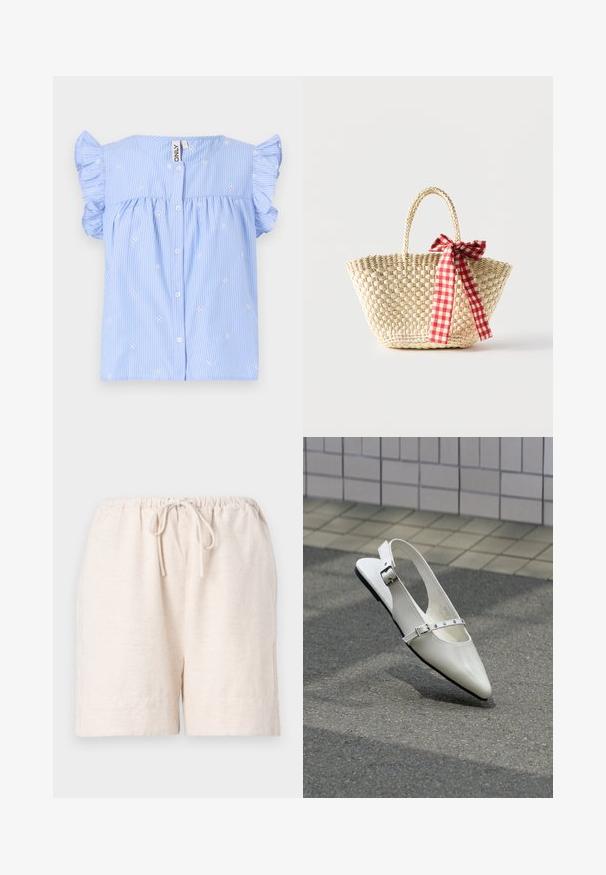 Blouse bleu clair à manches courtes avec des manches froncées, des rayures blanches horizontales et une petite broderie florale. Présente une fermeture à boutons sur le devant.; Shorts beige clair en tissu texturé, dotés d'une taille élastique avec cordon de serrage et de poches sur les coutures latérales.; Chaussure plate slingback blanche pointue avec deux boucles argentées, présentée en extérieur sur un sol texturé et un mur carrelé en arrière-plan.; Sac cabas en paille tissée avec des poignées tressées et un ruban à carreaux rouge et blanc noué en un nœud d'un côté.