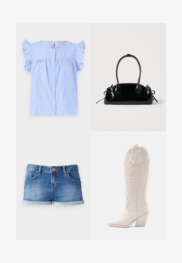 Lyseblå kortærmet bluse med flæser på ærmerne, hvide vandrette striber og lille blomstermotiv. Har en knaplukning foran.; Blå denimshorts med opsmøg, der har to frontlommer, en knaplukning og kontrasterende syninger.; Hvide læder cowboystøvler med spidse tæer og blokhæle. Har intrikate syninger på skaftet og en glat tekstur.; Lille sort blank håndtaske med to lange håndtag og snøre-detaljer i siden på en ensfarvet lys baggrund.