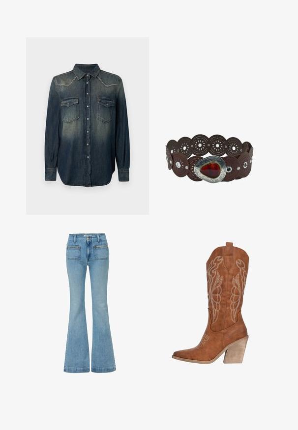 Mørkeblå denimskjorte med lange ærmer, spidse krave, to brystlommer og sølvnitter på ryggen. Knappelukning fortil.; Lyseblå udvidede jeans lavet af denim, med to forlommer og to baglommer med lynlåsdetaljer. Tætsiddende omkring låret, vid ben.; Brun læder cowboystøvle med hvidt broderet design, spidse tæer og en tekstureret blokhælt. Har en pull-tab for nem påtagning.; Brunt læderbælte med cirkulære prægede mønstre og en stor sølvspænde med en rød ædelsten i midten.
