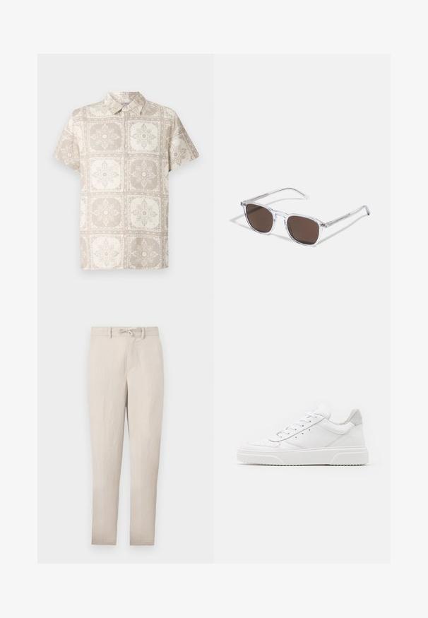 Camisa de botones de manga corta en beige con un patrón floral repetido. Fabricada con una tela ligera que tiene una apariencia natural y texturizada.; Pantalones tapered ligeros en color beige con cintura ajustable, frontales lisos y mínimas arrugas. Presentan pasadores para cinturón y bolsillos laterales.; Zapatillas de cuero blanca con un acabado suave, punta redondeada, cordones planos y una suela texturada. Acento de ante gris en el talón.; Gafas de sol de plástico transparente con lentes marrones rectangulares, que cuentan con finas varillas transparentes y acentos metálicos en las patillas.