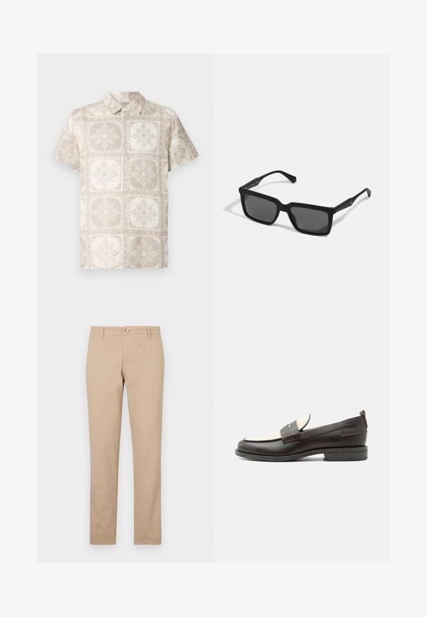 Camisa de botones de manga corta en beige con un patrón floral repetido. Fabricada con una tela ligera que tiene una apariencia natural y texturizada.; Pantalones beige de algodón con corte recto, que cuentan con un cierre frontal de botones, bolsillos laterales y detalles de textura sutil.; Mocasín para hombre de cuero marrón oscuro con panel de tela crema y detalle clásico de correa cosida, suela plana y asa en el talón.; Gafas de sol negras con lentes rectangulares, acabado mate, montura gruesa y brazos delgados con un discreto detalle de marca.