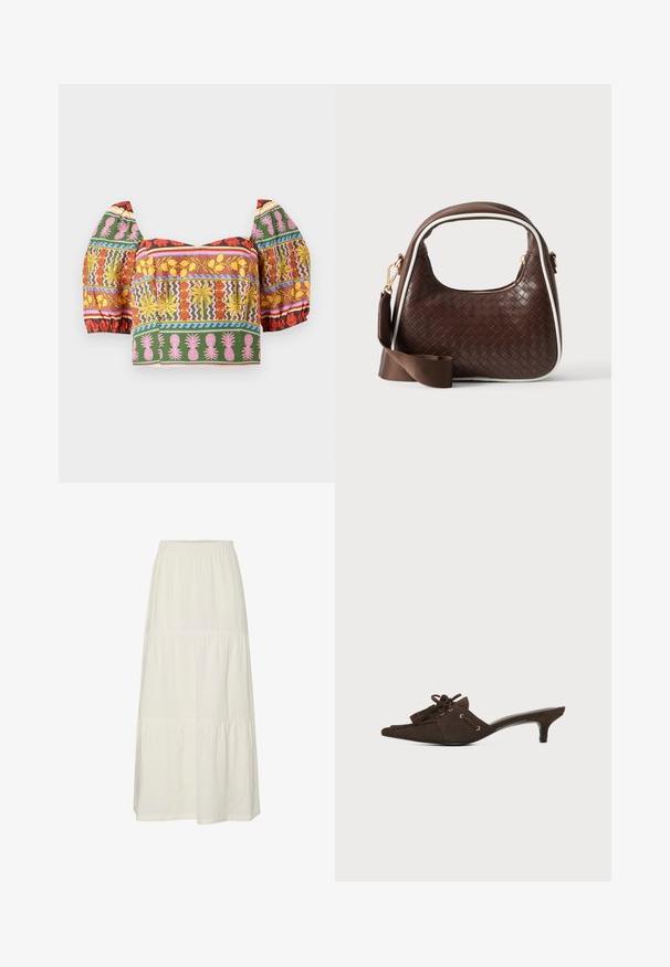 Farverig cropped top med puffede ærmer, intrikate blomster- og ananasmønstre i rød, gul, pink, grønt og blåt på en lys baggrund.; Hvid, lagdelt maxiskørt lavet af let, struktureret stof med elastisk talje. Har tre forskellige stofsektioner.; Brun ruskind mule-sko med spids tå, lav kittenhæl, snøring med sløjfe og kvastdetaljer på hvid baggrund.; Brun vævet læderhåndtaske med hvid piping, guldfarvet lynlås og aftagelig brun stofskulderrem.
