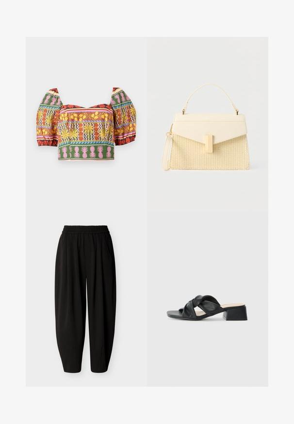 Farverig cropped top med puffede ærmer, intrikate blomster- og ananasmønstre i rød, gul, pink, grønt og blåt på en lys baggrund.; Sorte løstsiddende bukser med elastisk talje og sidelommer, tilspidsede ved anklerne.; Sort lædersandal med et snoet overdesign, kvadratisk tå og en lav blokhæl, der har en glat tekstur og minimalistisk stil.; Kremfarvet håndtaske med flettet tekstur, guldfarvet rektangulært lås, top håndtag og aftagelig håndledsrem på en ens hvid baggrund.