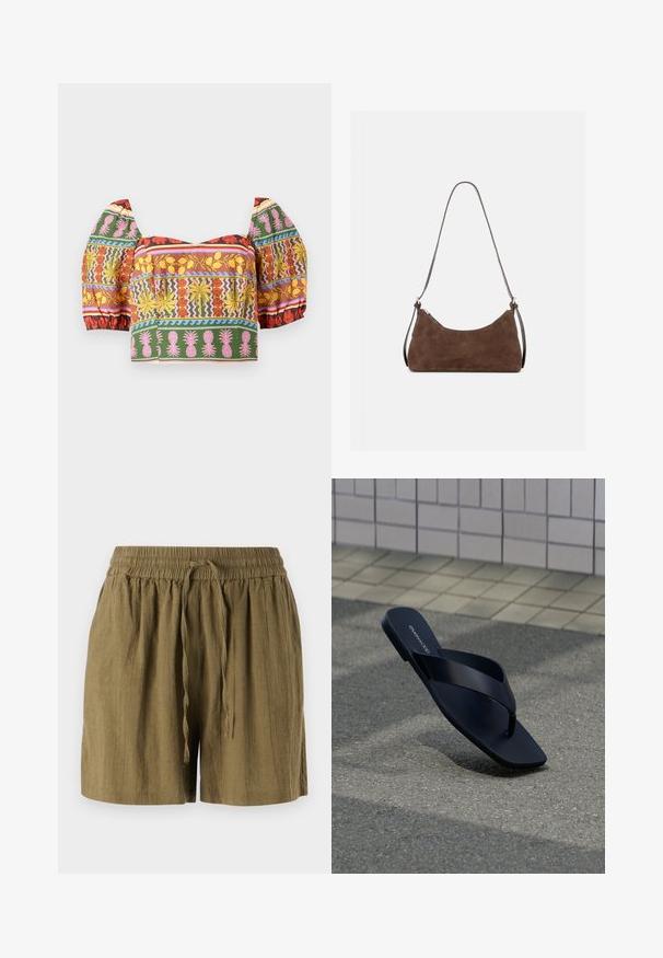 Haut court coloré avec des manches bouffantes, présentant des motifs floraux et d'ananas complexes en rouge, jaune, rose, vert et bleu sur un fond clair.; Shorts pull-on verts olive en tissu léger, dotés d'une taille élastique et d'un cordon de serrage, avec une coupe décontractée et ample.; Sandale noire à lanière avec bout carré et nom de la marque sur la semelle, positionnée debout sur un pavement texturé près d’un mur carrelé.; Sac à épaule en daim marron avec une fermeture éclair incurvée en haut et une fine bandoulière réglable, présenté sur un fond clair uni.