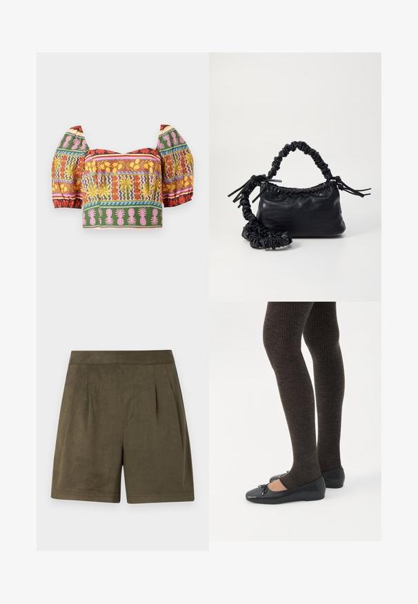 Top corto colorido con mangas abullonadas, con intrincados patrones de flores y piñas en rojo, amarillo, rosa, verde y azul sobre un fondo claro.; Pantalones cortos de un verde oliva oscuro hechos de un material suave, similar al ante, con un diseño plisado, corte a media longitud y una cinturilla limpia y estructurada.; Piernas con leggings oscuros acanalados combinados con bailarinas negras que presentan pequeños detalles de lazo sobre un fondo blanco.; Bolso de mano de imitación cuero negro con textura de cocodrilo, parte superior fruncida y correa arrugada. Presenta un diseño suave y compacto.