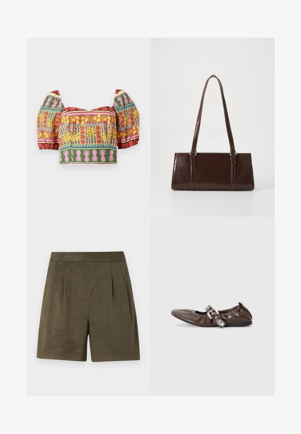 Top corto colorido con mangas abullonadas, con intrincados patrones de flores y piñas en rojo, amarillo, rosa, verde y azul sobre un fondo claro.; Pantalones cortos de un verde oliva oscuro hechos de un material suave, similar al ante, con un diseño plisado, corte a media longitud y una cinturilla limpia y estructurada.; Zapato plano de charol marrón con puntera puntiaguda, detalle de lazo elástico y un acento de hebilla plateada en el costado. Suela de goma negra.; Bolso de mano de piel sintética marrón con forma rectangular, dos asas largas y sutiles acentos curvados en la parte delantera.