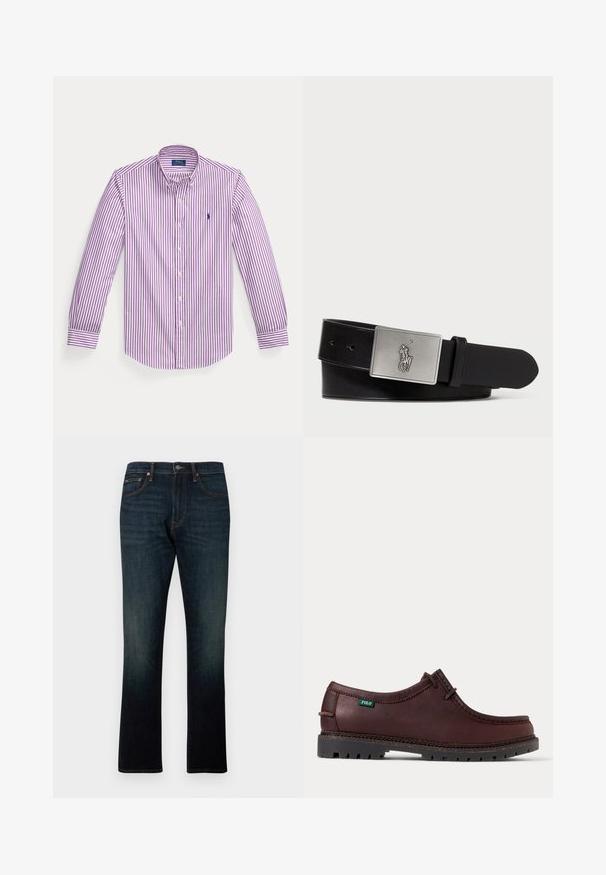 Langärmliges Hemd mit Knopfleiste, lila und weißen vertikalen Streifen und einem kleinen gestickten Logo auf der Brust.; Dunkelblaue Straight-Leg-Denim-Jeans mit fünf Taschen und orangener Naht, flach auf weißem Hintergrund dargestellt.; Dunkelbrauner Leder-Mokassinschuh mit schwarzer robuster Sohle und grünem Polo-Logo-Etikett an der Seite, Seitenansicht.; Schwarzer Leder-Gürtel mit einer rechteckigen silbernen Metall-Schnalle, die ein geprägtes Reiter-Logo trägt, glatter Textur und fünf Gürtellöchern.